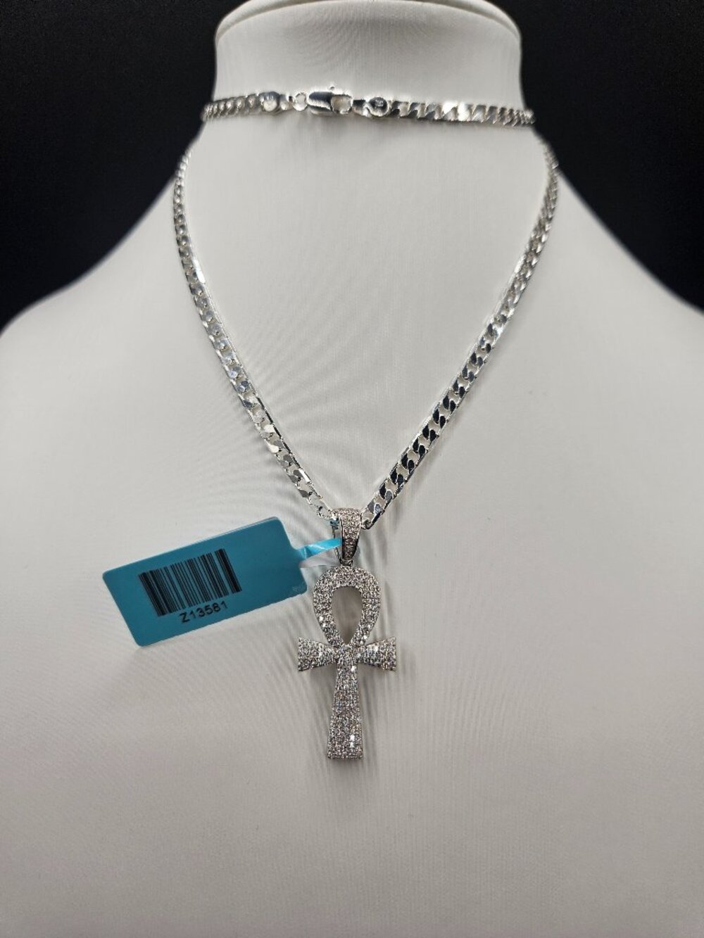 925 Silver Ankh Cross Pendant Moissanite 24" Chain Set